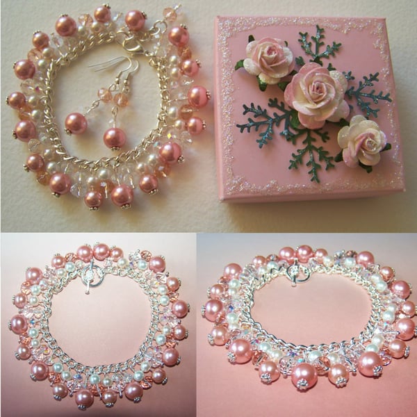 Pretty Peach Crystal & Pearl Bracelet  with Free Earrings