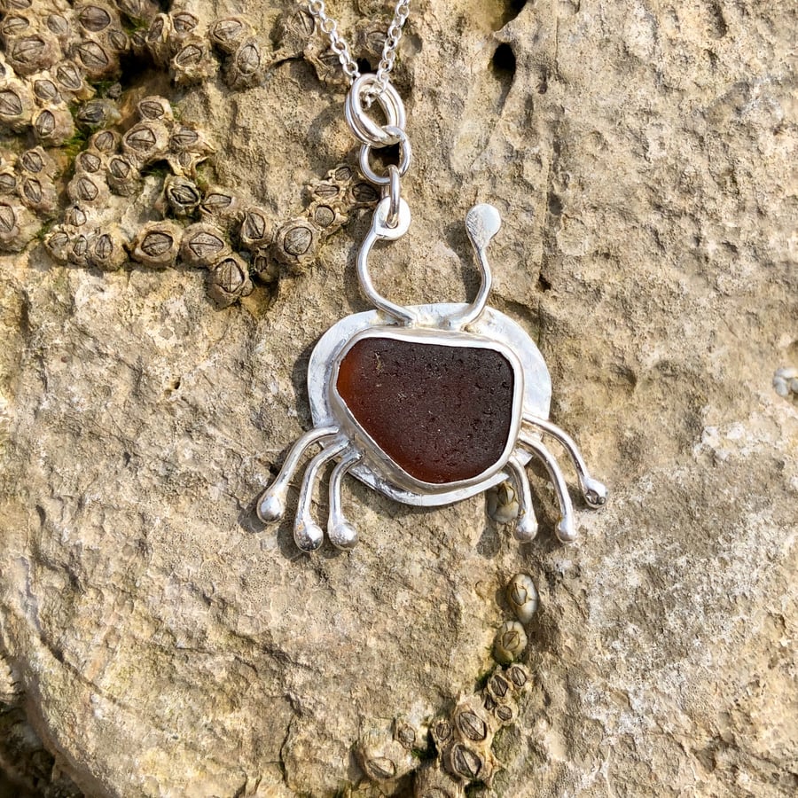 Golden Brown Sea Glass and Silver Crab Pendant Necklace - 1056
