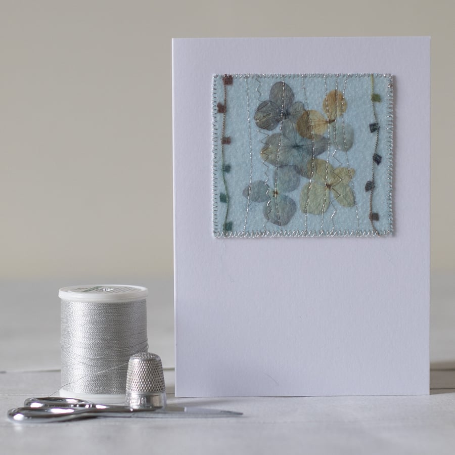 Blank Pressed Flower Hydrangea Mixed Media Textile Greetings Card 