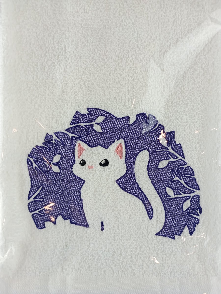 Cat hand towel - white cat embossed in purple background with embroidery thread