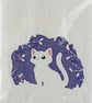 Cat hand towel - white cat embossed in purple background with embroidery thread