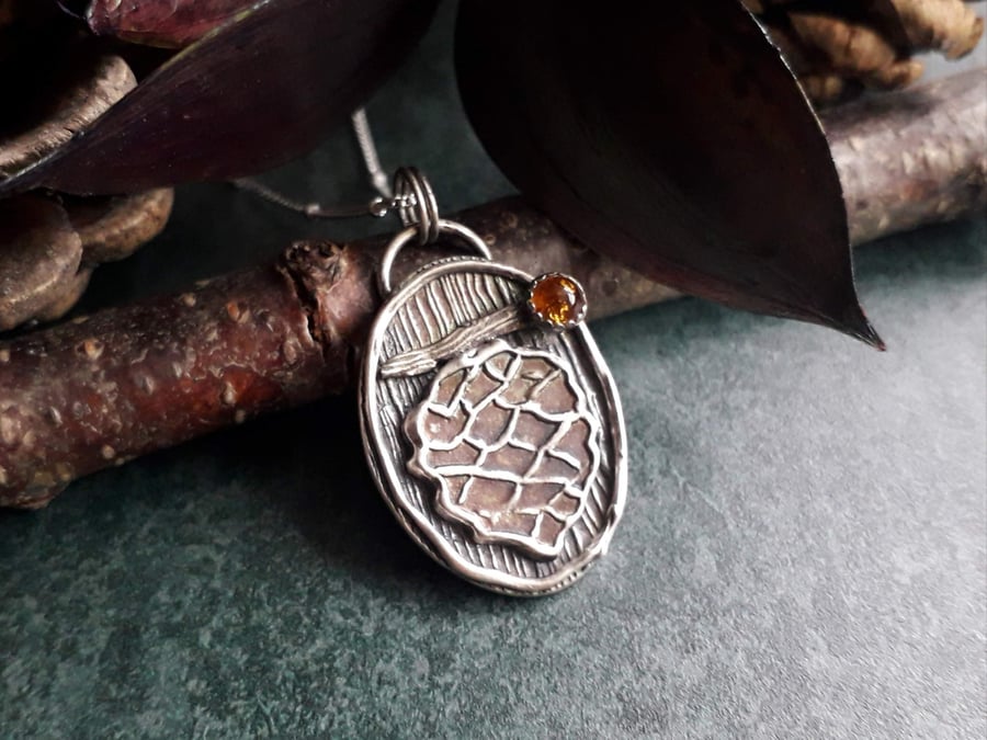 Pinecone Pendant with Amber, Forest Fairy, Woodland, Autumn