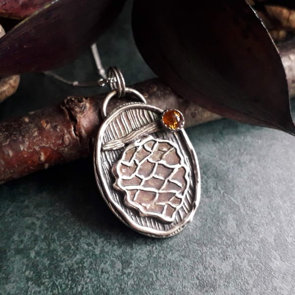 Pinecone Pendant with Amber, Forest Fairy, Woodland, Autumn