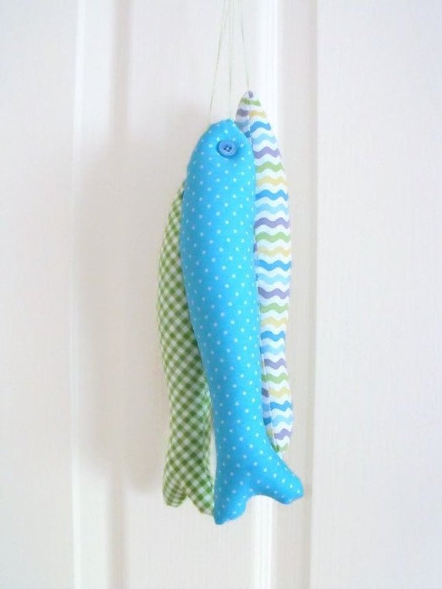 set of three decorative plush hanging fish for your home, turquoise