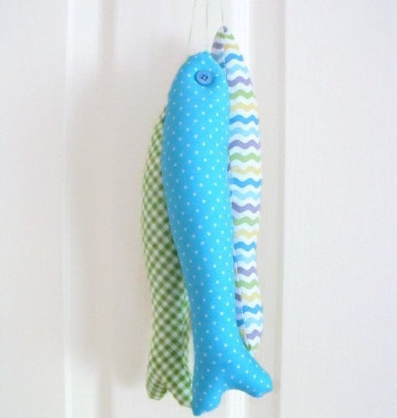 set of three decorative plush hanging fish for your home, turquoise
