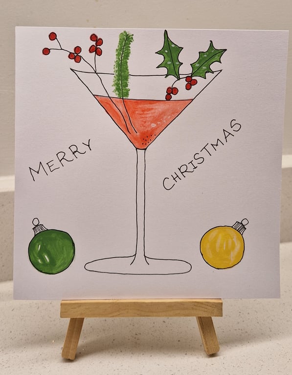 Cocktail gin glass Christmas card holly & mistletoe handpainted watercolour 