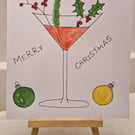 Cocktail gin glass Christmas card holly & mistletoe handpainted watercolour 