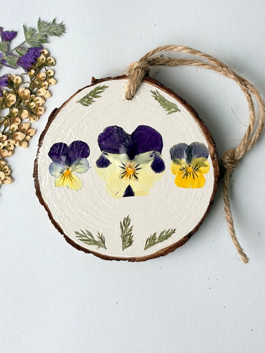 Real Pressed Flower, Violas, Hand Painted Wood Slice Hanging Decoration