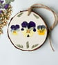 Real Pressed Flower, Violas, Hand Painted Wood Slice Hanging Decoration
