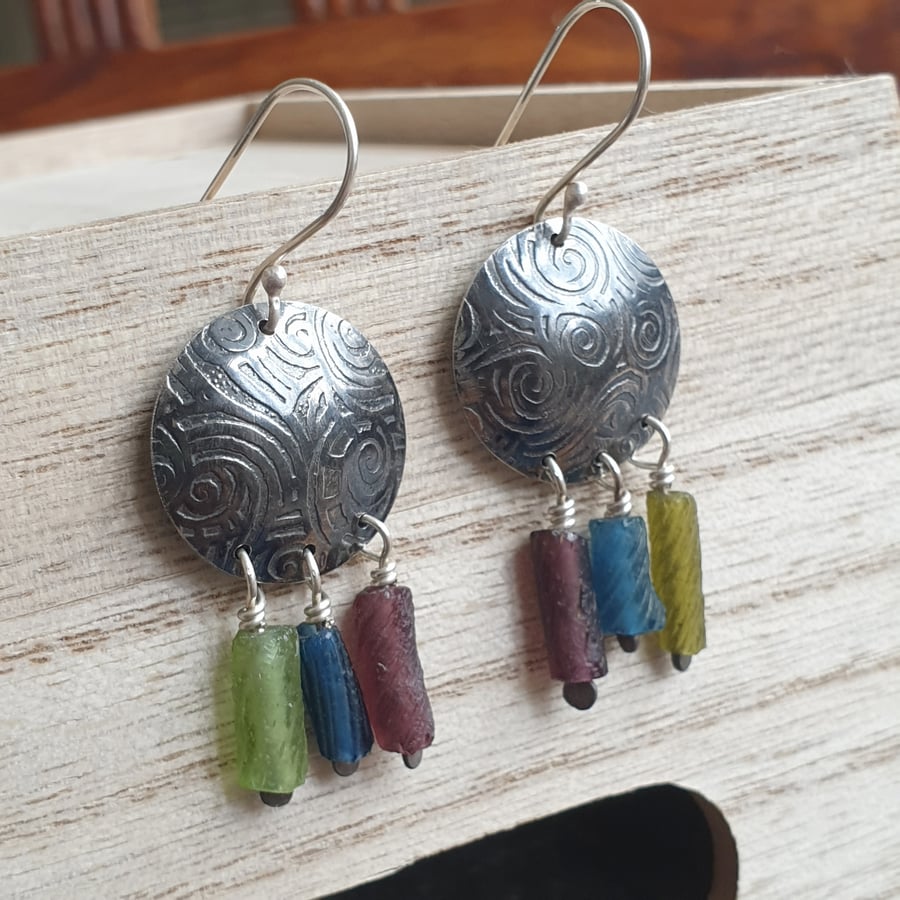 Ancient Roman glass earrings, Round silver earrings, Spiral pattern