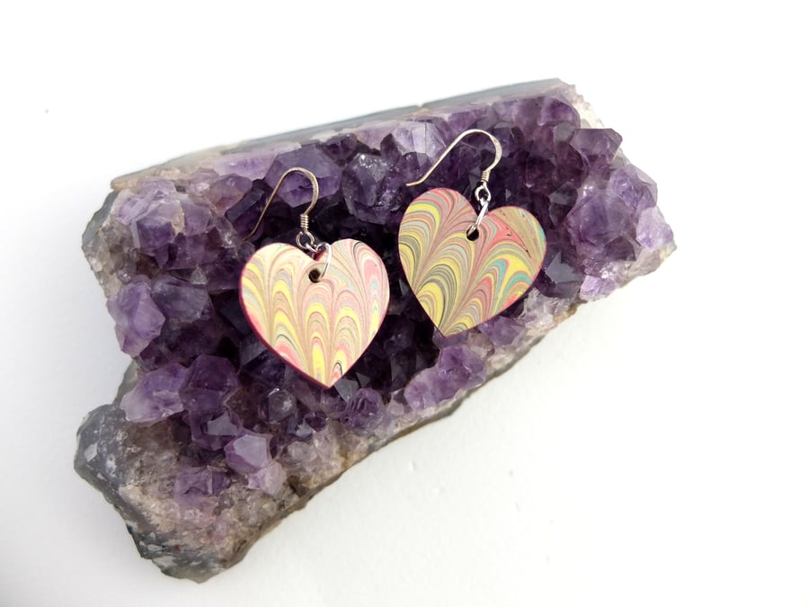 Marbled paper wood heart earrings in pink, yellow and mint