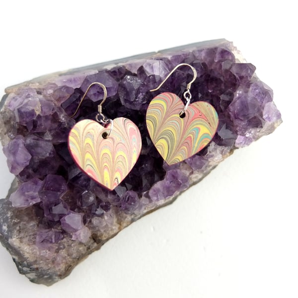 Marbled paper wood heart earrings in pink, yellow and mint