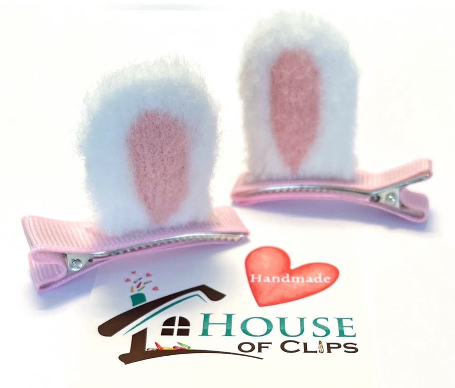 Fuzzy Bunny Ear Hair Clips x2 - Fun Animal Alligator Clips - Rabbi Ears Non-Slip