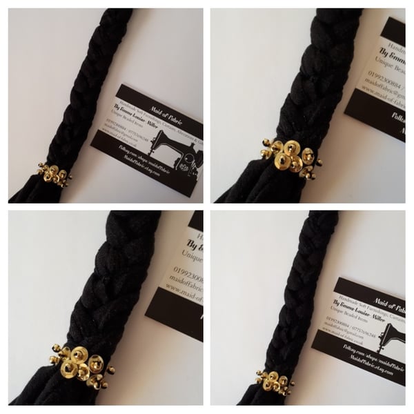 Plaited black upcycled keyring with gold sequins. SALE 