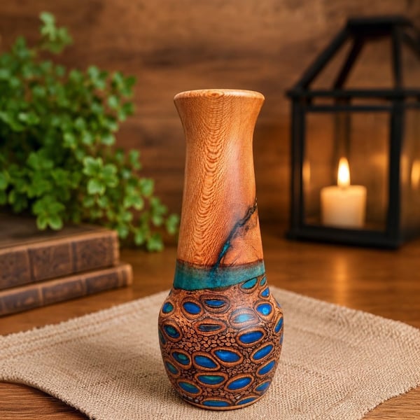 Handcrafted Yew ,  Lacewood , Banksia Vase with Blue & Green Resin . Peacock v