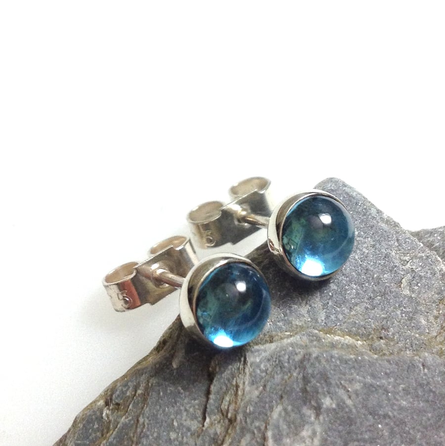 Blue topaz stud earrings sterling silver, gemstone studs