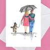 CARD Together walking the dog. Couple and dog love anniversary 
