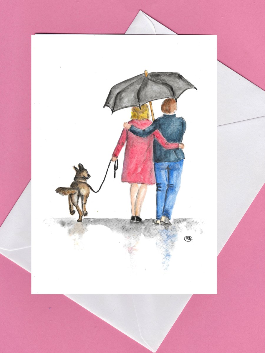 CARD Together walking the dog. Couple and dog