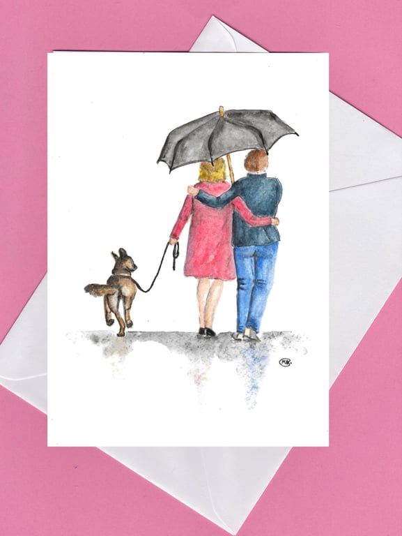CARD Together walking the dog. Couple and dog