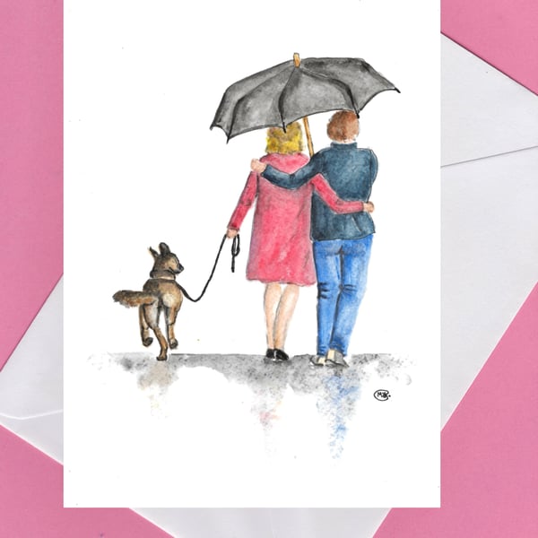 CARD Together walking the dog. Couple and dog