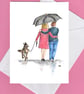 CARD Together walking the dog. Couple and dog love anniversary 