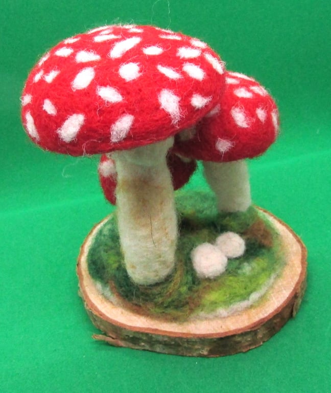 Handmade Needle Felted Fly Agaric Mushrooms  on Wooden Base