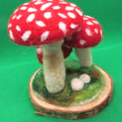 Handmade Needle Felted Fly Agaric Mushrooms  on Wooden Base