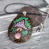 Purple toadstool pyrography pendant. Hand burned and coloured necklace.