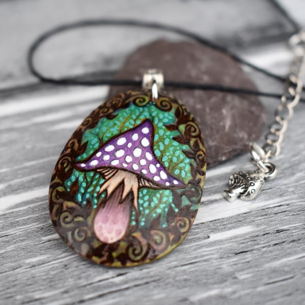 Purple toadstool pyrography pendant. Hand burne... - Folksy