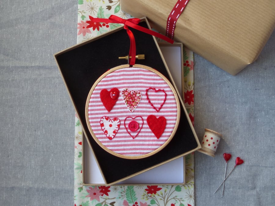  Hoop Framed Hand Embroidery with Hearts (hoop art) 