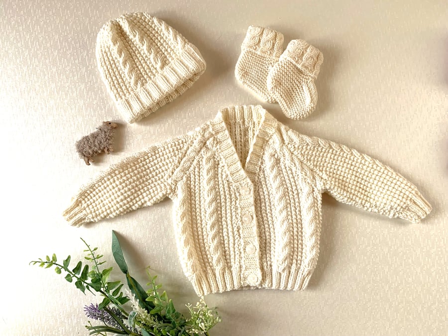 Off White Baby Merino Cardigan, Beanie and Booties to fit approx. 3 - 9 months