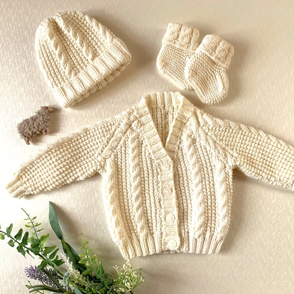 Off White Baby Merino Cardigan, Beanie and Booties to fit approx. 3 - 9 months