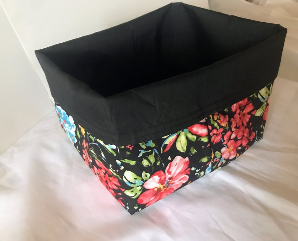 Fabric Storage Box Black Floral Cotton Reusable Storage Caddy