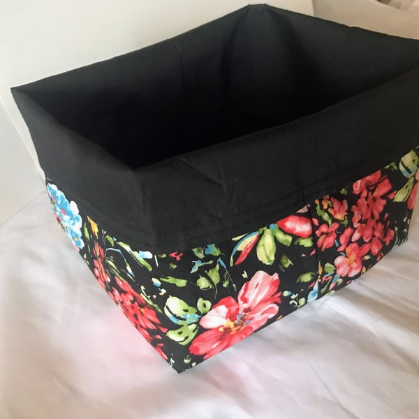 Fabric Storage Box Black Floral Cotton Reusable Storage Caddy