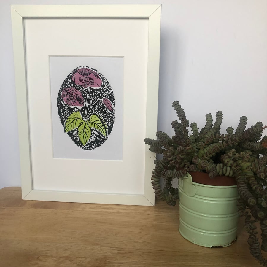 Original Lino cut hand printed floral with chine colle