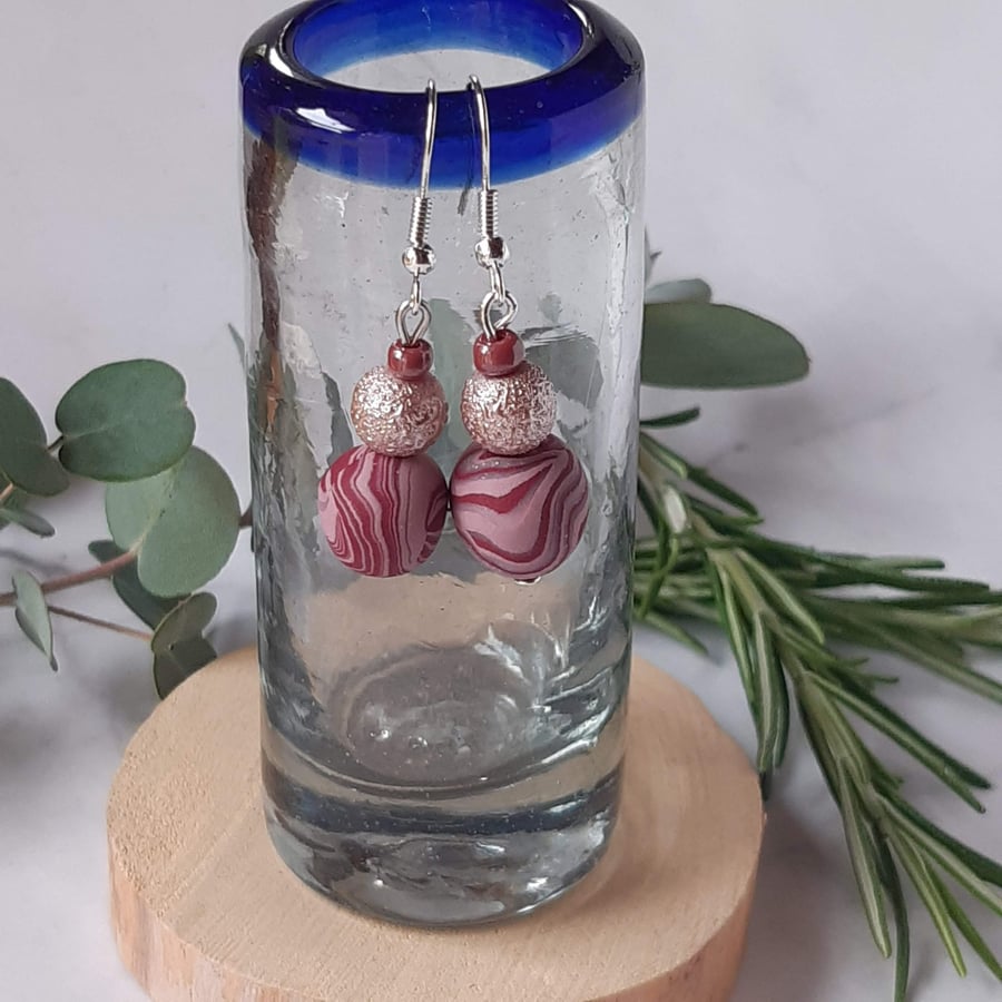 Pretty raspberry and pink dangly polymer clay earrings