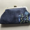 Navy Blue Velvet Embroidered Clasp Purse.