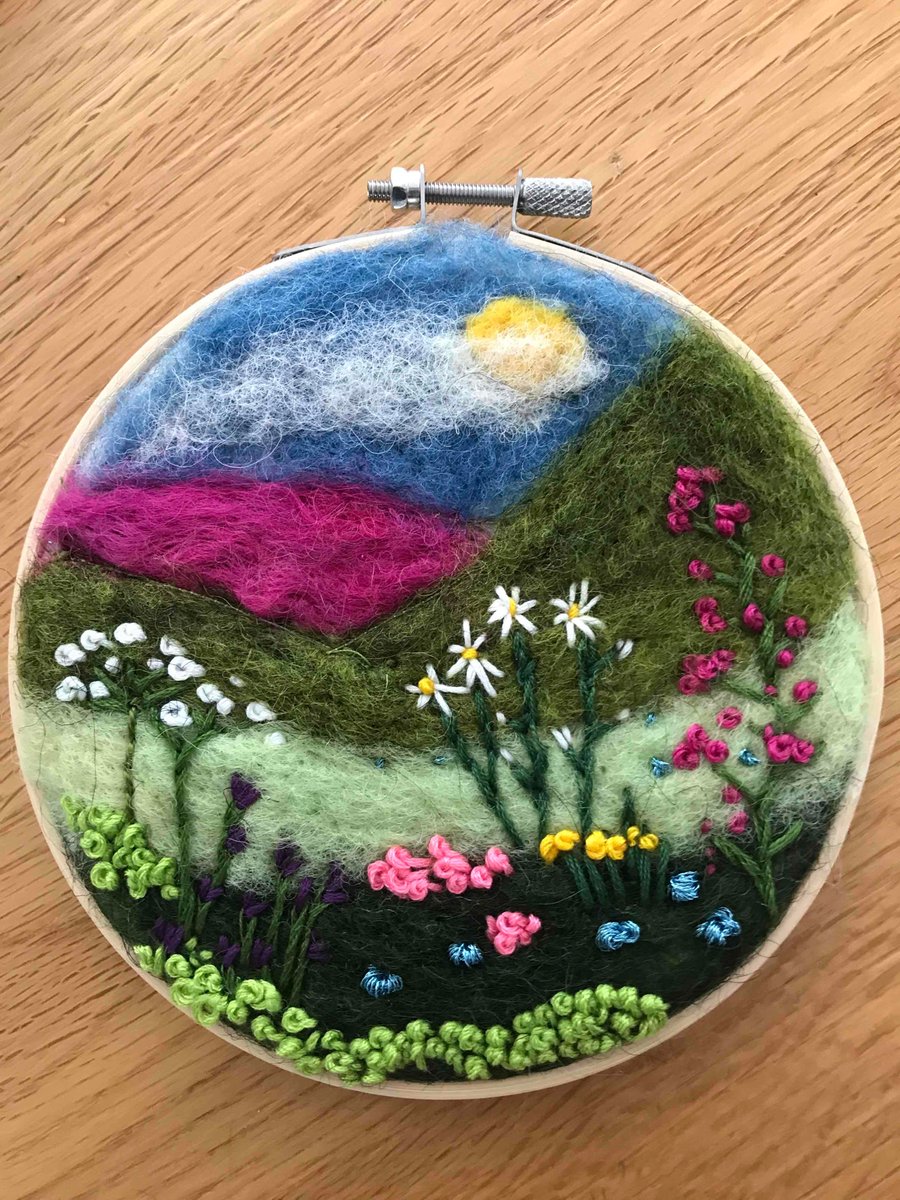 Hoop art-needle felted-hand embroidered-modern landscape-picture 