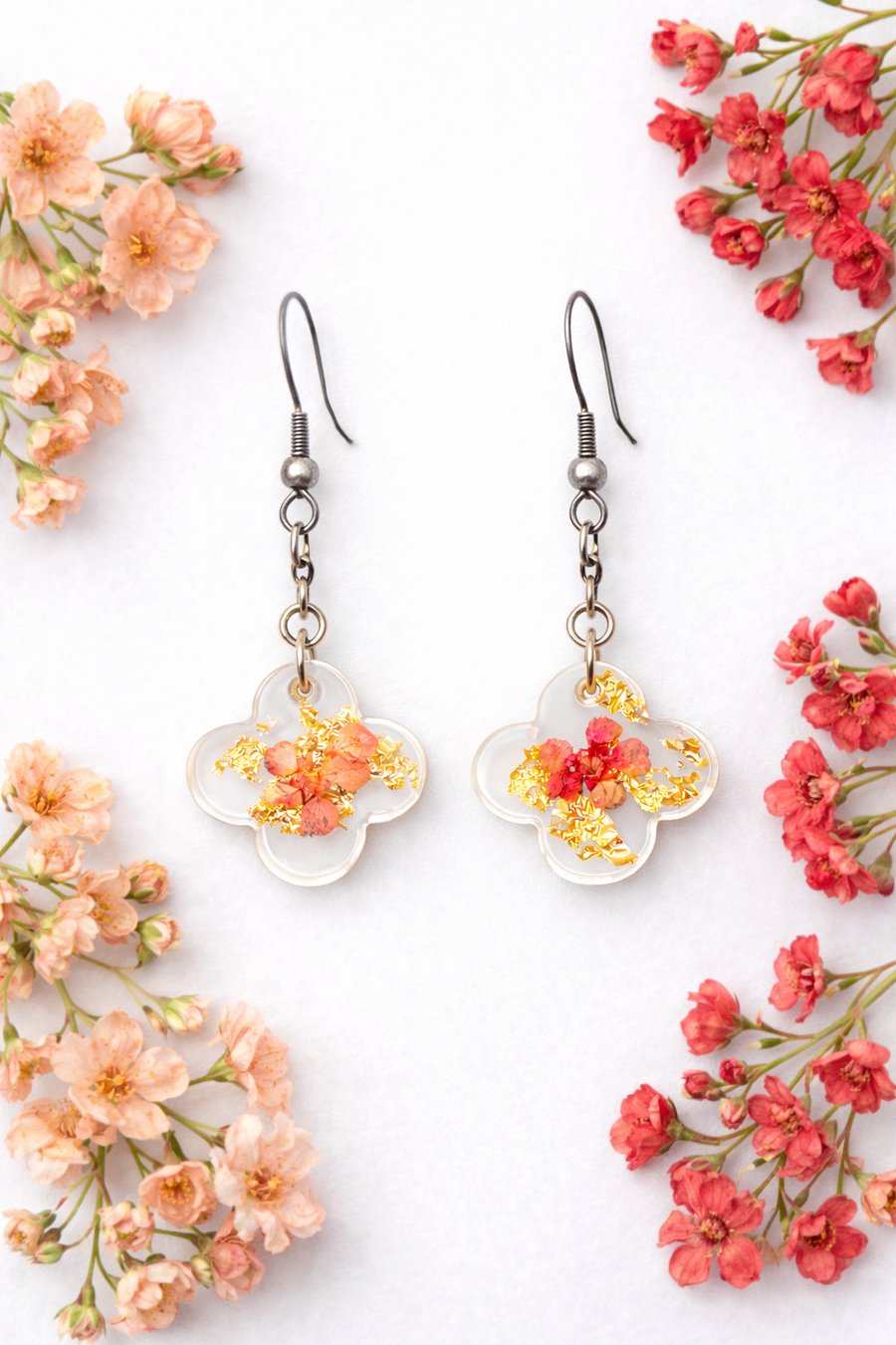 Tiny Faded Pink Flower Resin Earrings with Gold Leaf – Lightweight Dangle