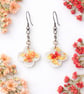 Tiny Faded Pink Flower Resin Earrings with Gold Leaf – Lightweight Dangle