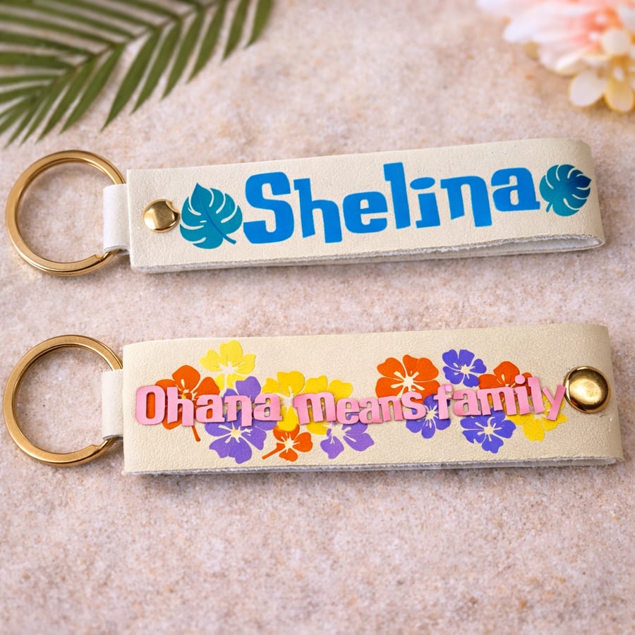 Handmade Faux Leather Key Fob – ‘Ohana Means Family’ Personalised Made to Order