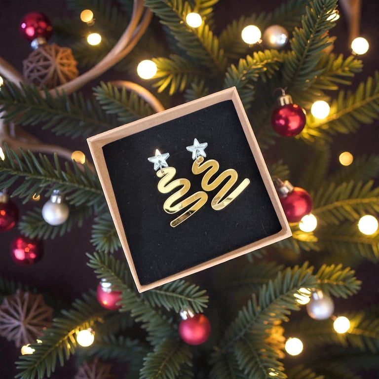 Christmas Squiggle Tree Acrylic Earrings - Gold