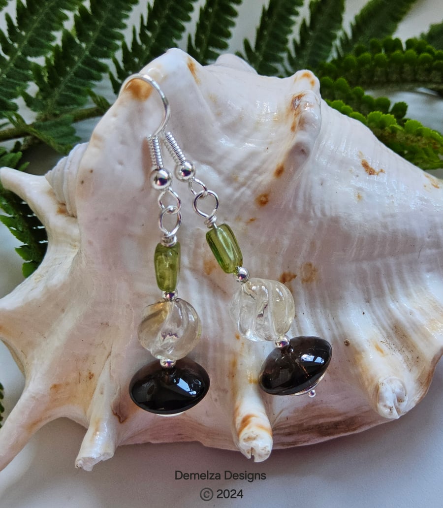 Peridot, Smokey Quartz, Carved Citrine Earrings Silver Plated