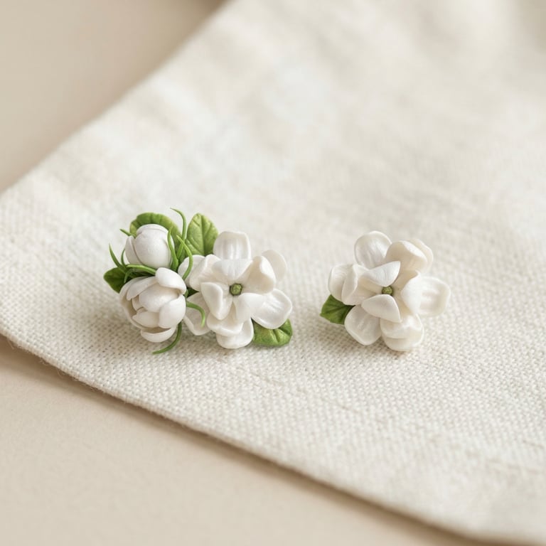 Handmade White Floral Stud Earrings Artisan Clay Earrings with 925 Sterling Silv