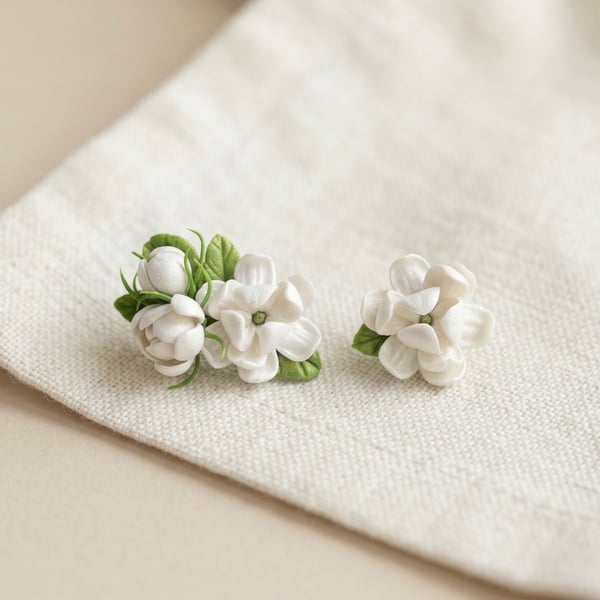 Handmade White Floral Stud Earrings Artisan Clay Earrings with 925 Sterling Silv