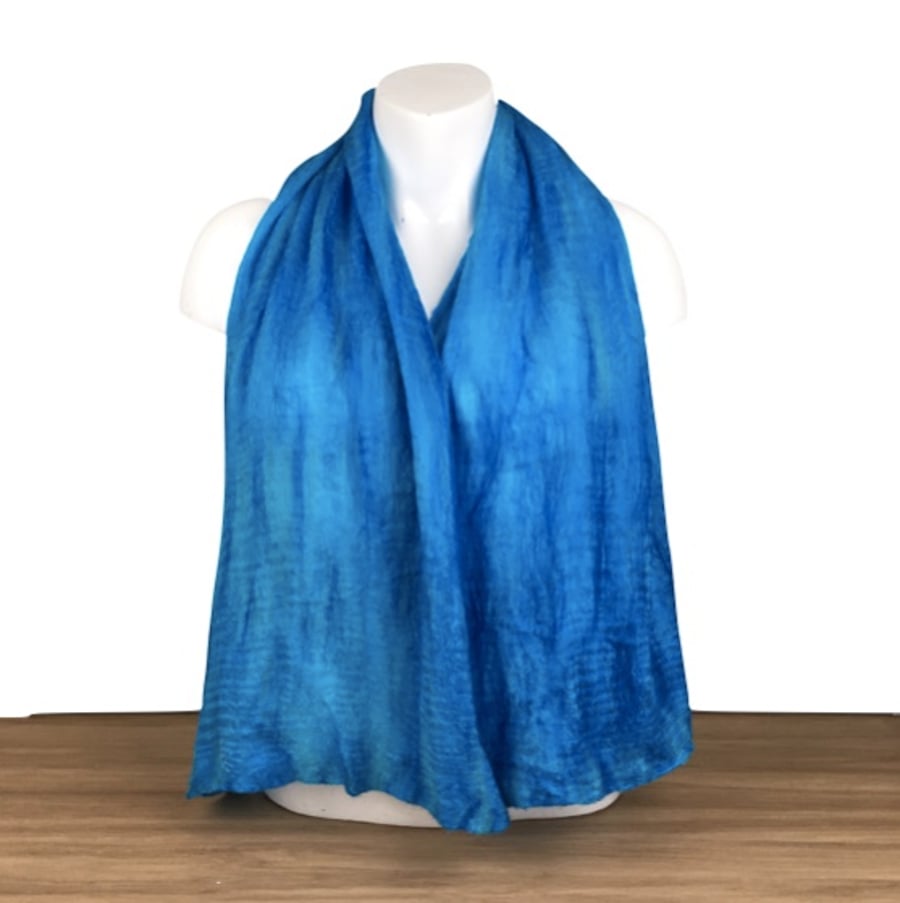 Shades of blue nuno felted scarf, merino wool on silk, gift boxed