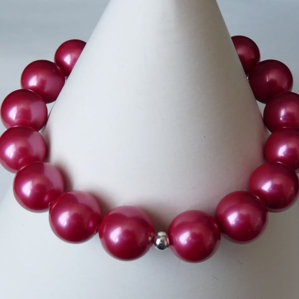 Fuchsia Pink Shell Pearl Bracelet  - Handmade - Sterling Silver