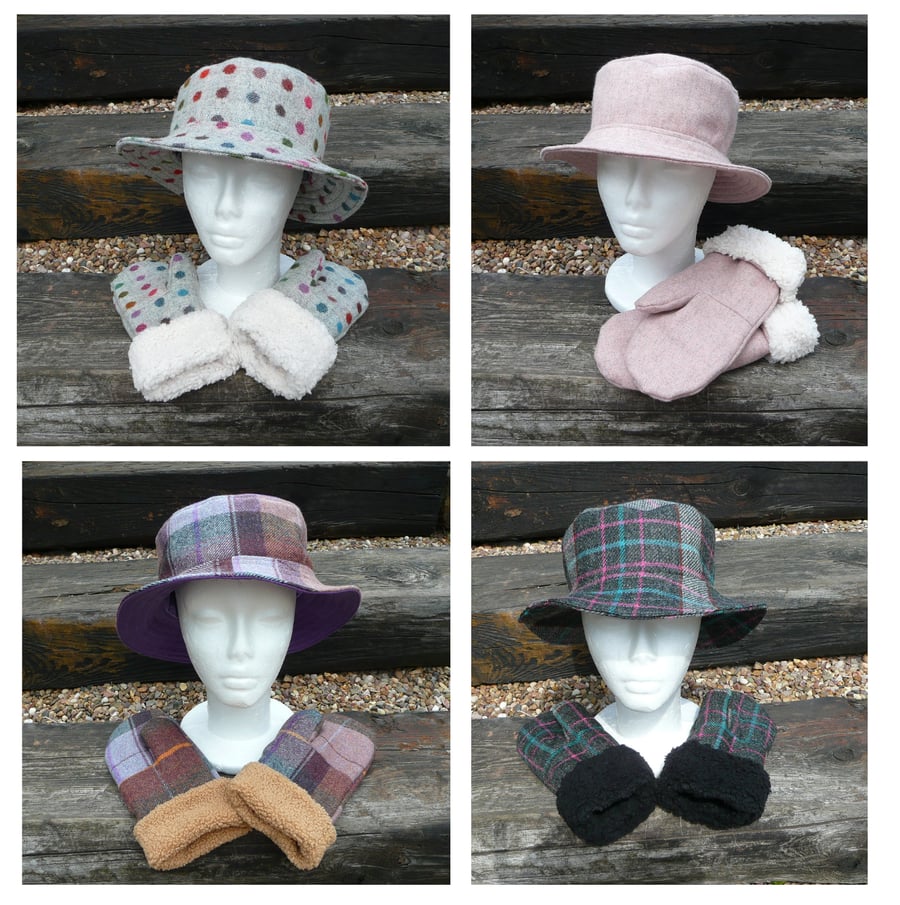 Bucket hat and matching mittens wool tweed hats and fleece lined gloves