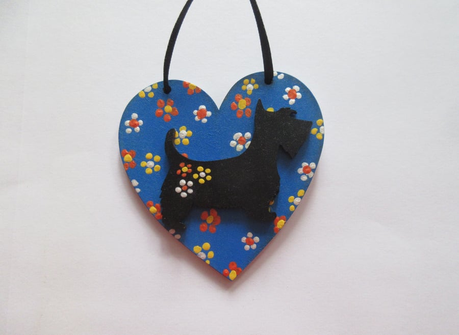 Dog Hanging Heart Decoration Blue with Scottie