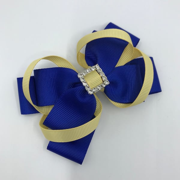 Cobalt Blue Double Layer Bow with Pale Yellow Loops on Clip